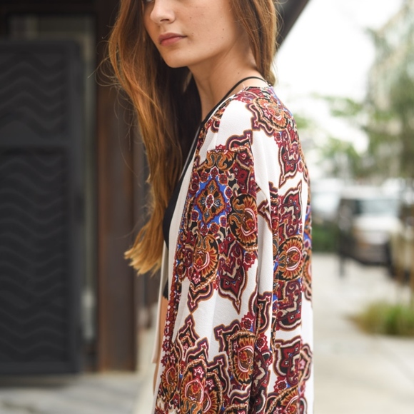 Long Line Moroccan Print Kimono Fall Floral White - Picture 4 of 7